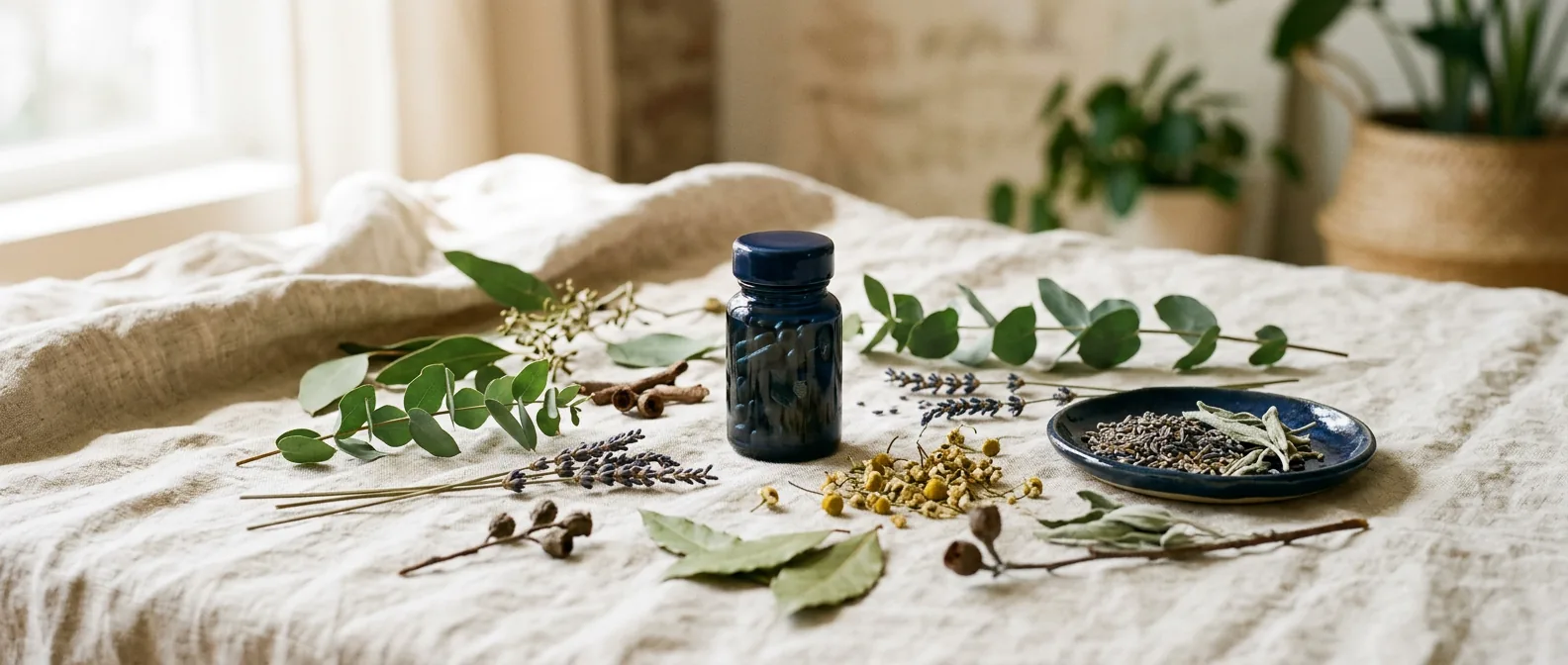 Natural botanicals and men's wellness supplement on a desk - everyday pelvic health editorial