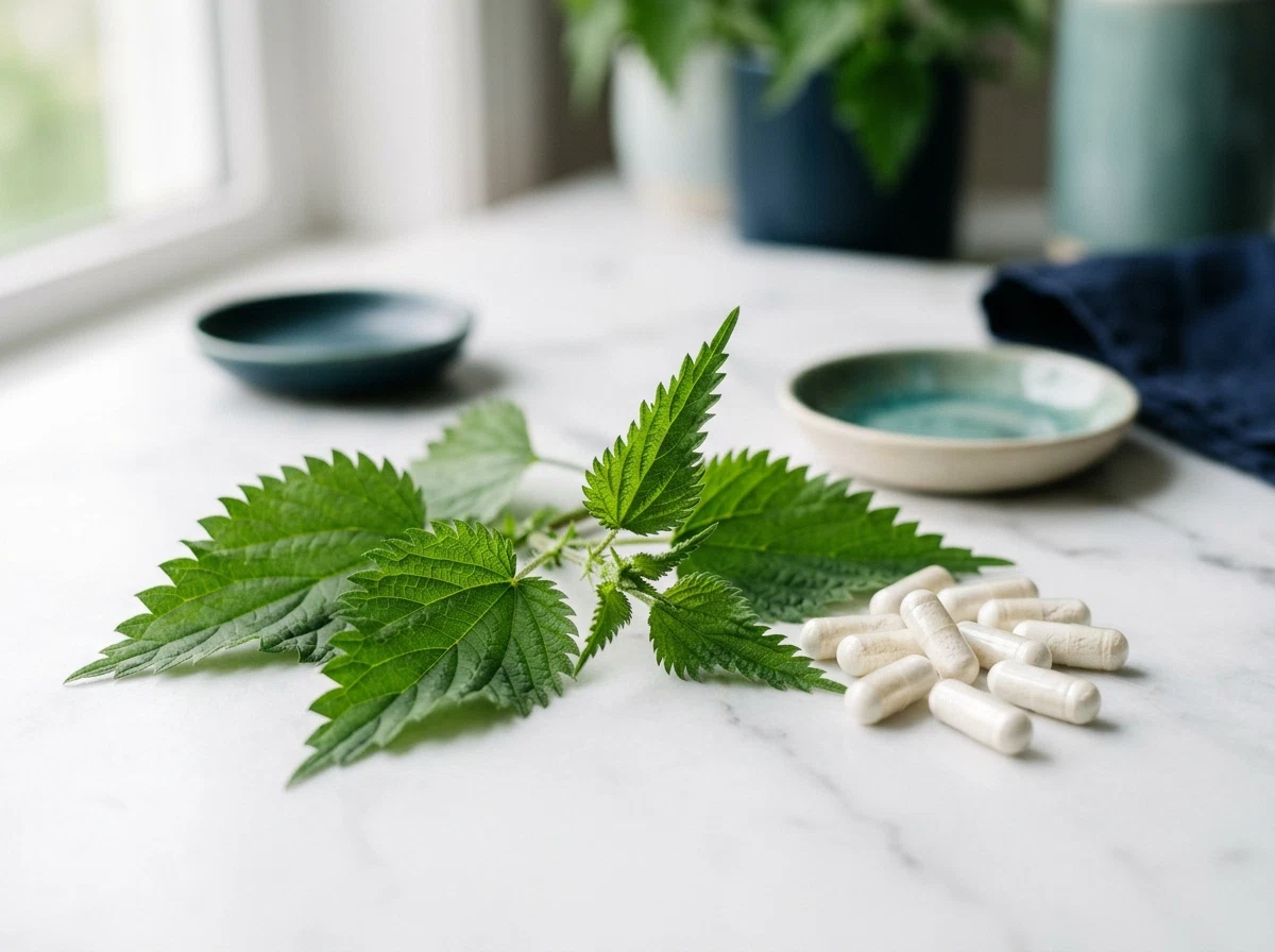 Fresh stinging nettle leaves and zinc supplement capsules - men's health supplement ingredient