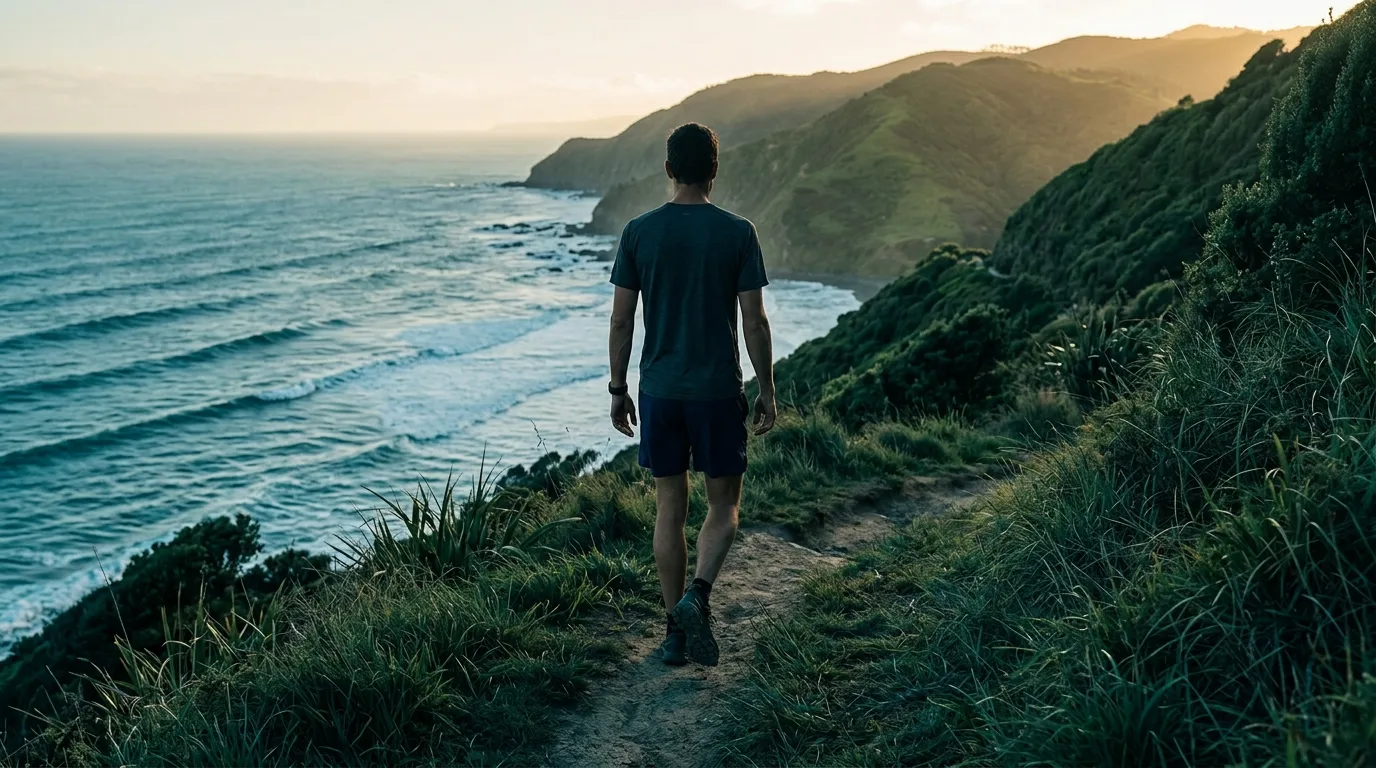 Anonymous man walking on New Zealand coastal path at golden hour - men's wellness lifestyle activity