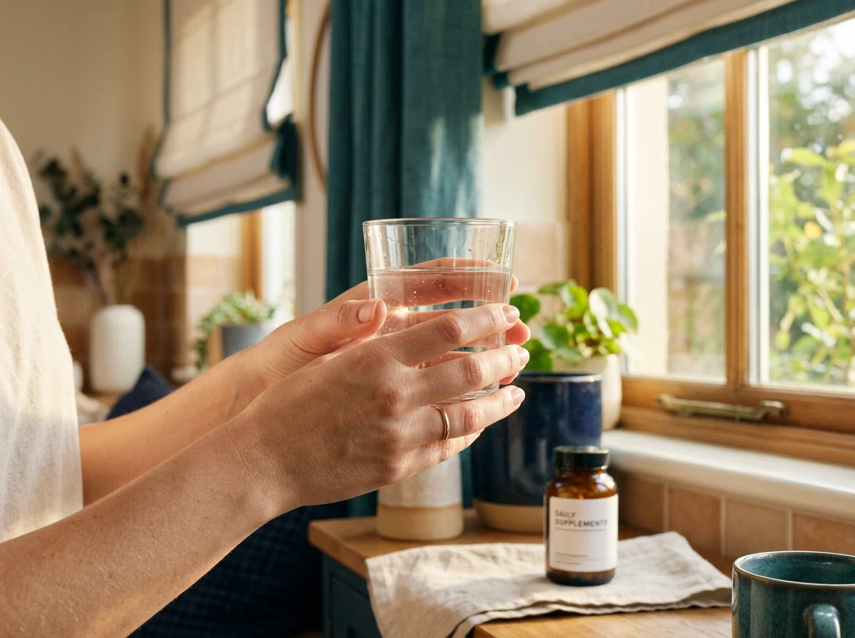 Anonymous hands holding a glass of water at morning - men's wellness daily routine